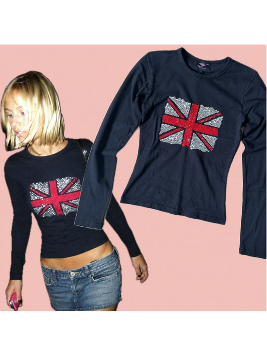 Y London Tops - Y2K Union Jack Sequin Long Sleeve Top Deadstock NWT Size S